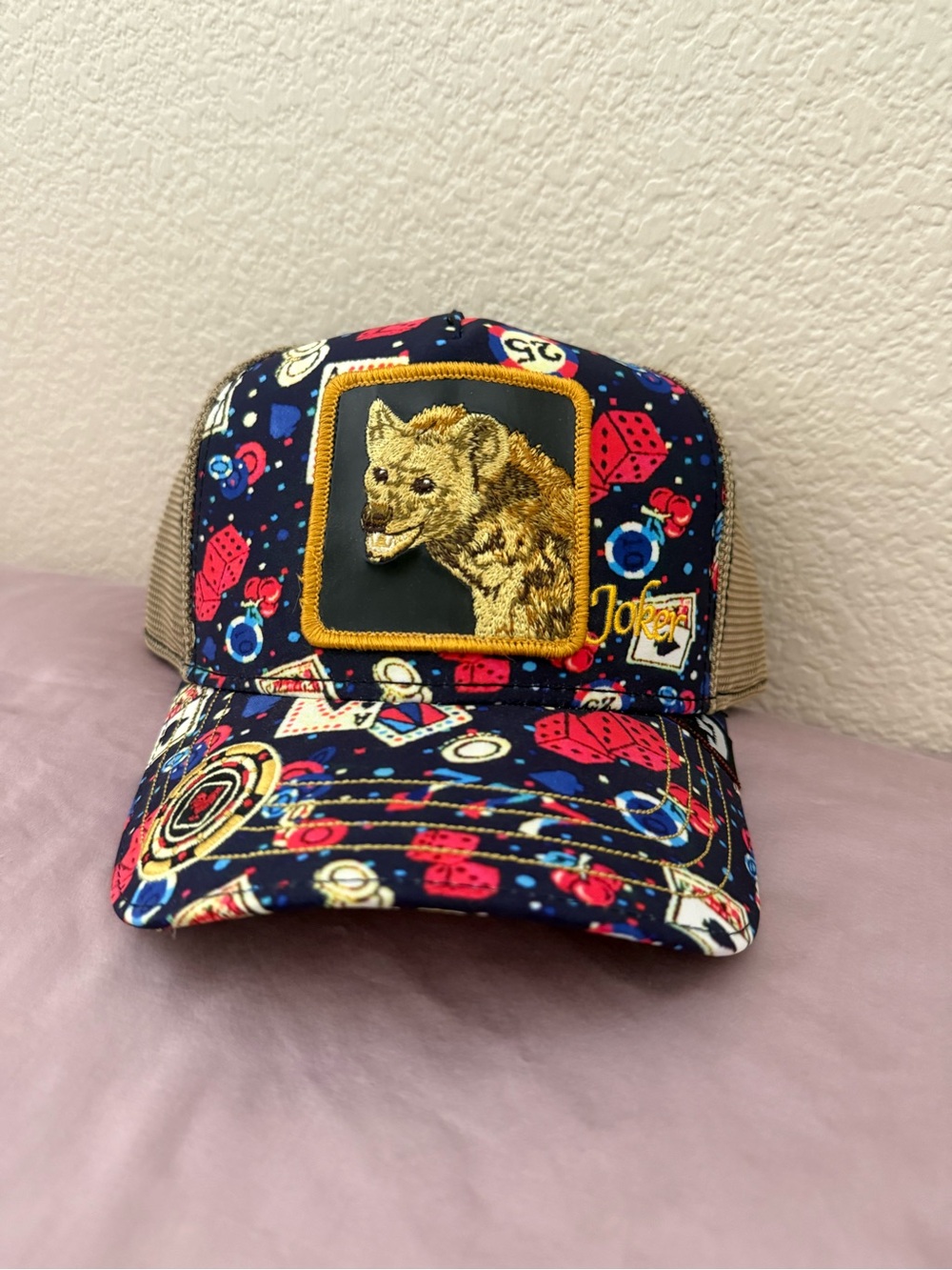 Goorin Bros Joker Trucker Hat with Hyena Patch and Poker Accents